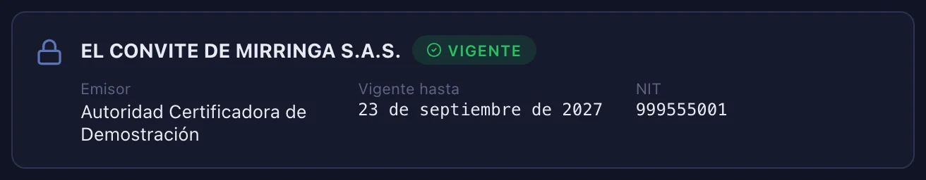 Configuración DIAN → Certificados: el certificado activo con su entidad emisora y fecha de vencimiento