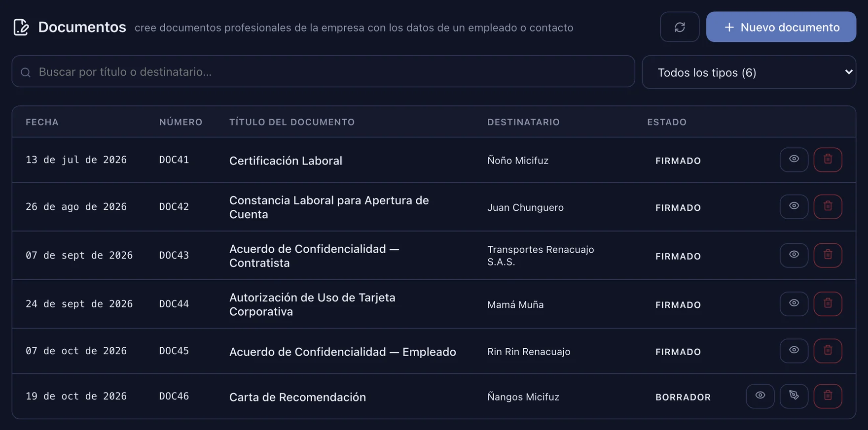 Documentos: todas las facturas, notas, documentos soporte y nómina del NIT con su tercero y estado — la base de los formatos