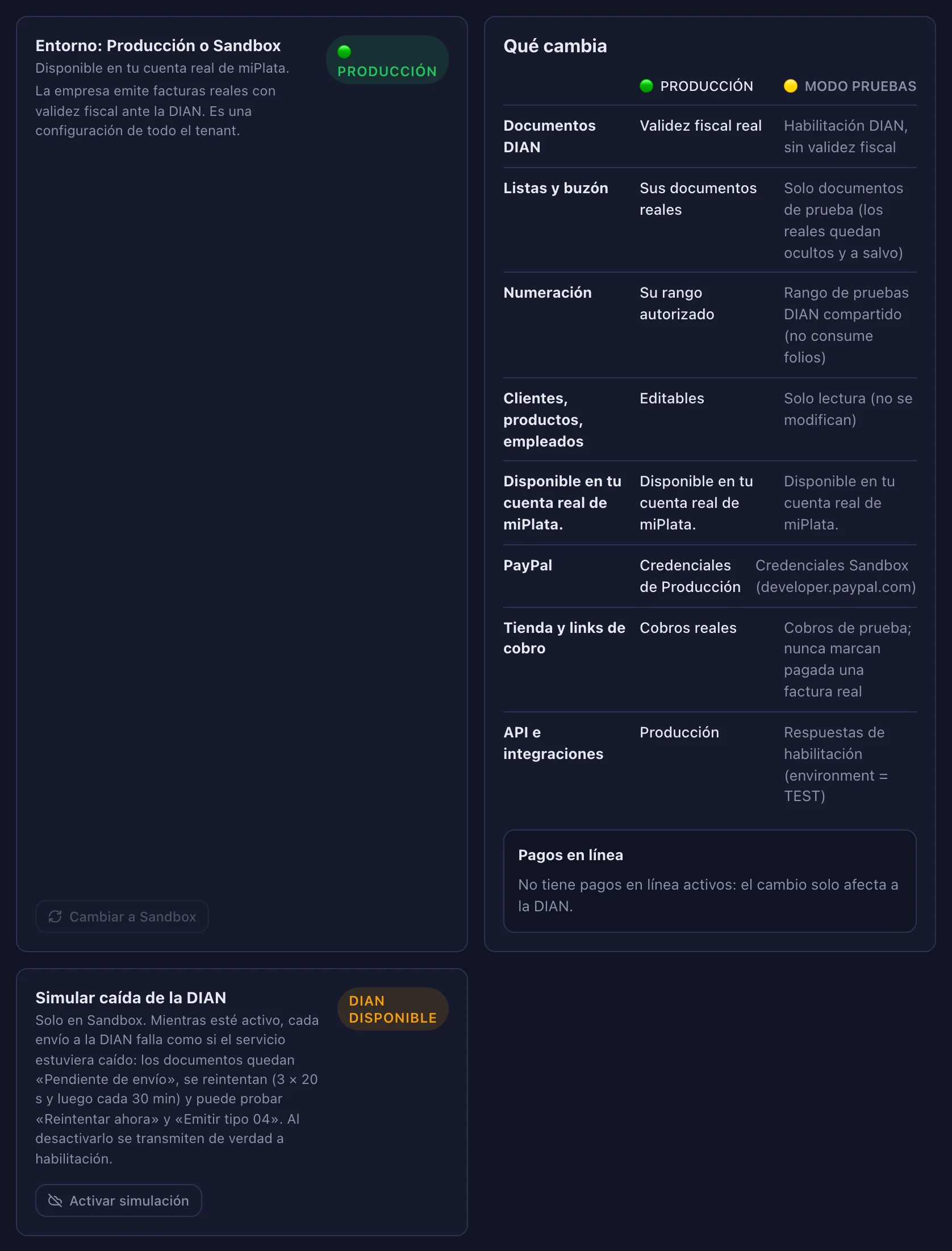 Configuración → Entorno: modo Sandbox y el simulador de caída de la DIAN