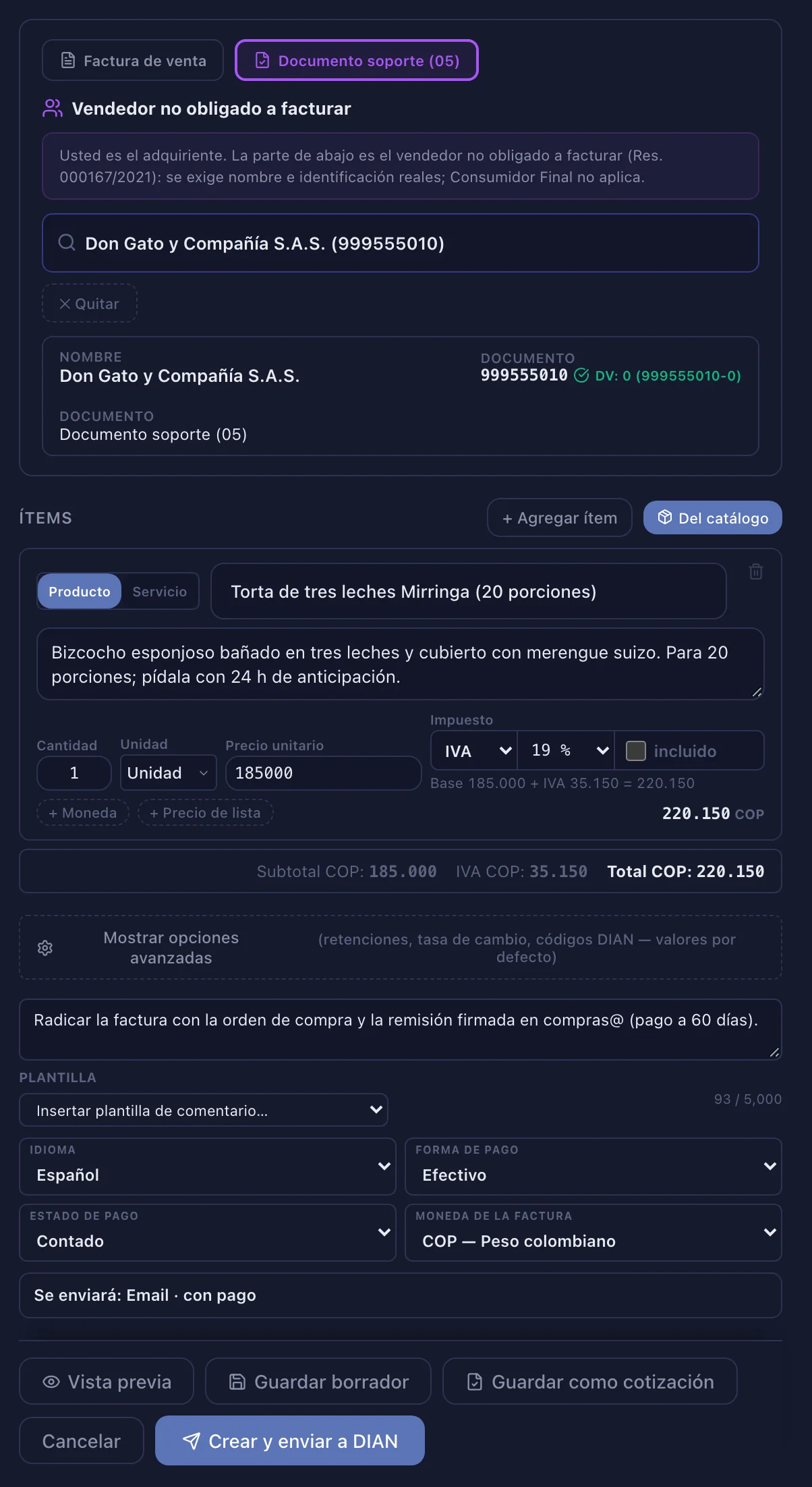 El formulario del documento soporte: tipo «Documento soporte (05)», el proveedor, las líneas, el total y «Crear y enviar a DIAN»