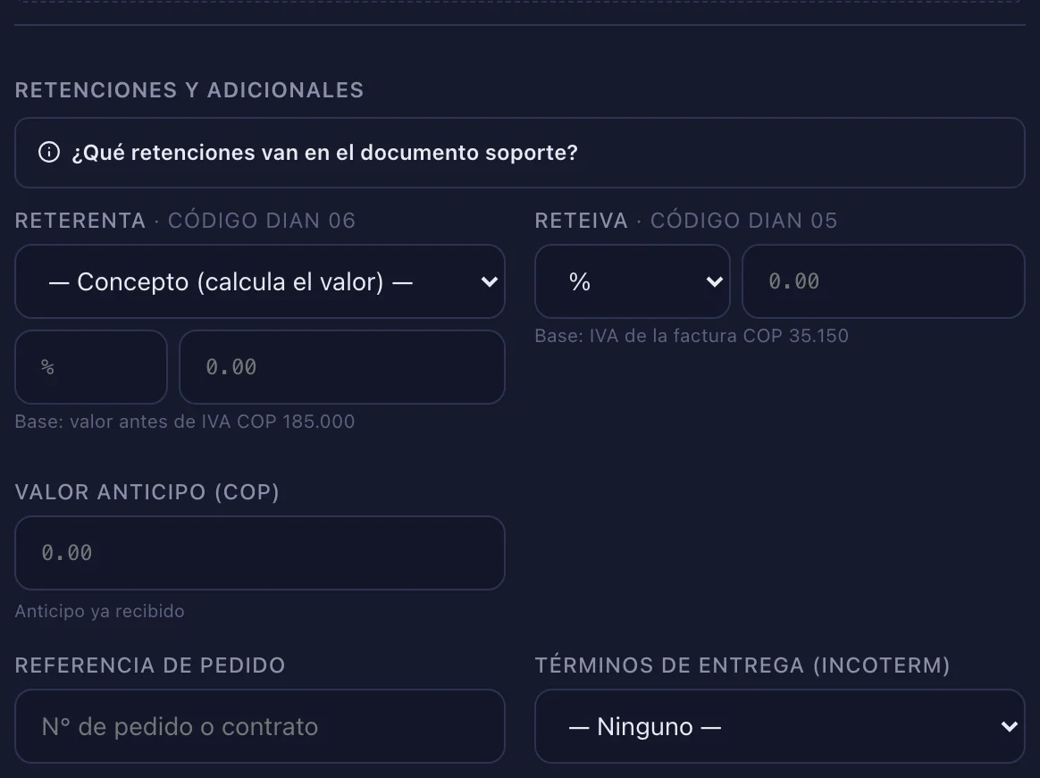 Opciones avanzadas del documento soporte: retención en la fuente, ReteIVA y ReteICA, que se restan del neto a pagar
