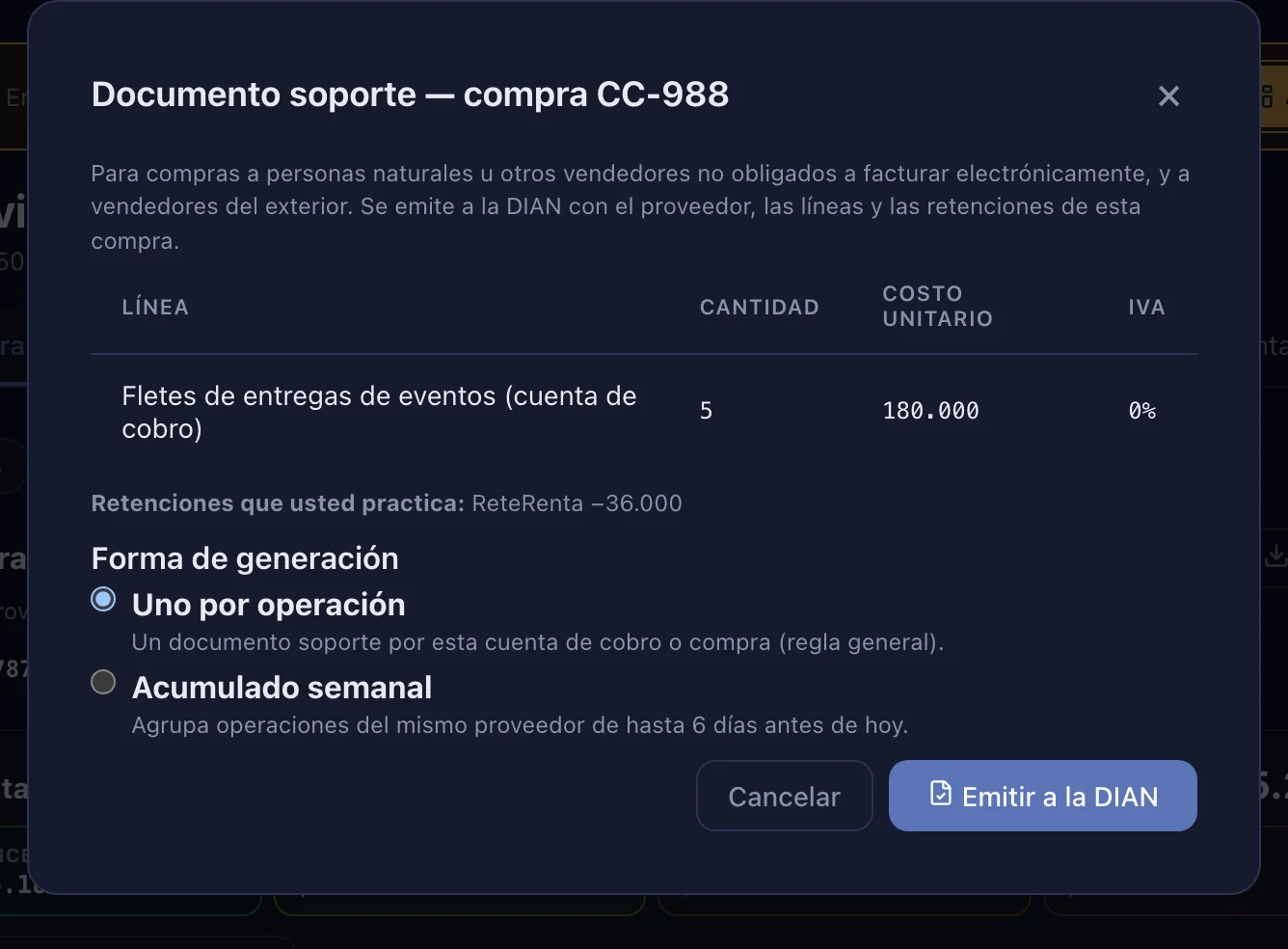 La vista previa: líneas y retenciones de la compra, forma de generación (uno por operación o acumulado semanal) y «Emitir a la DIAN»