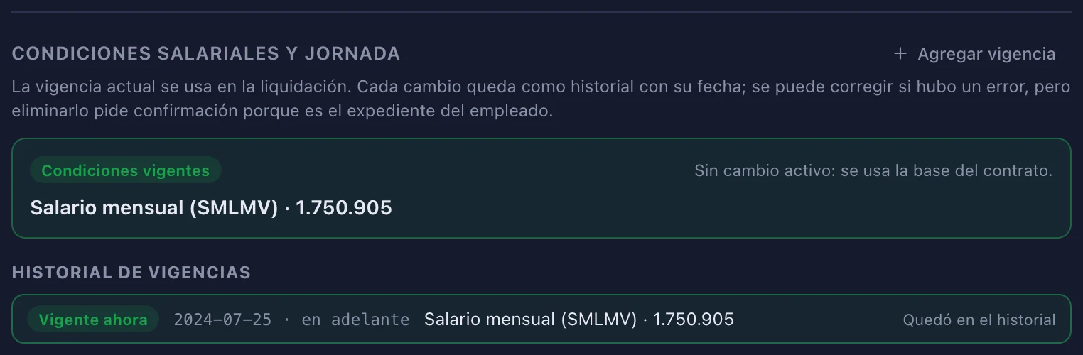 Condiciones salariales y jornada de un empleado, con el historial de vigencias
