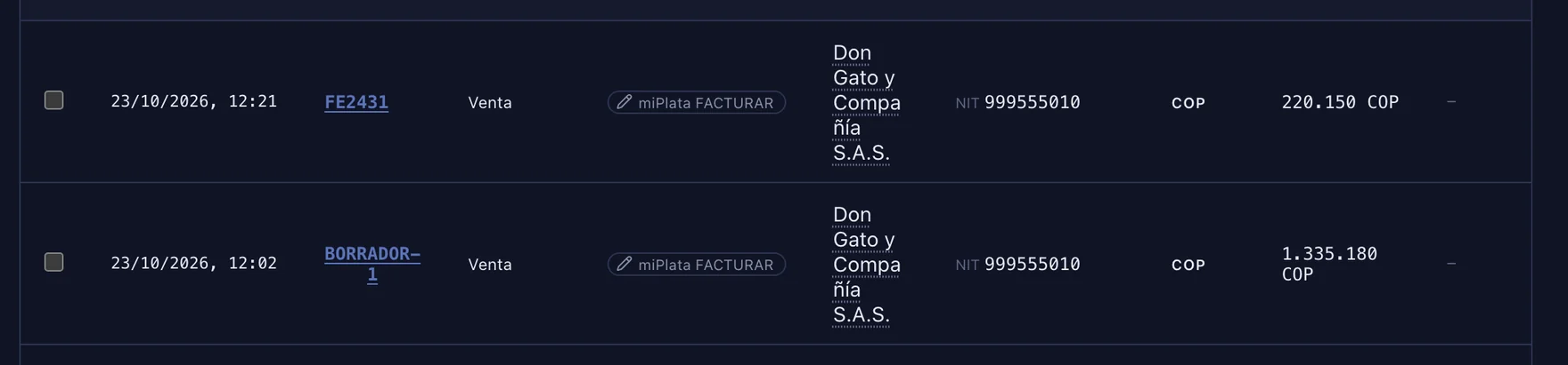 Fila «Pendiente de envío» con «Reintentar ahora» (flecha circular) y «Emitir tipo 04» resaltados