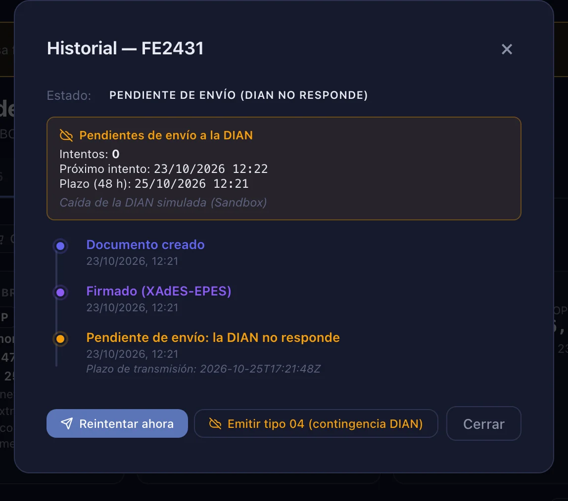 Historial de una factura en cola: la DIAN no respondió, reintentos automáticos y el plazo