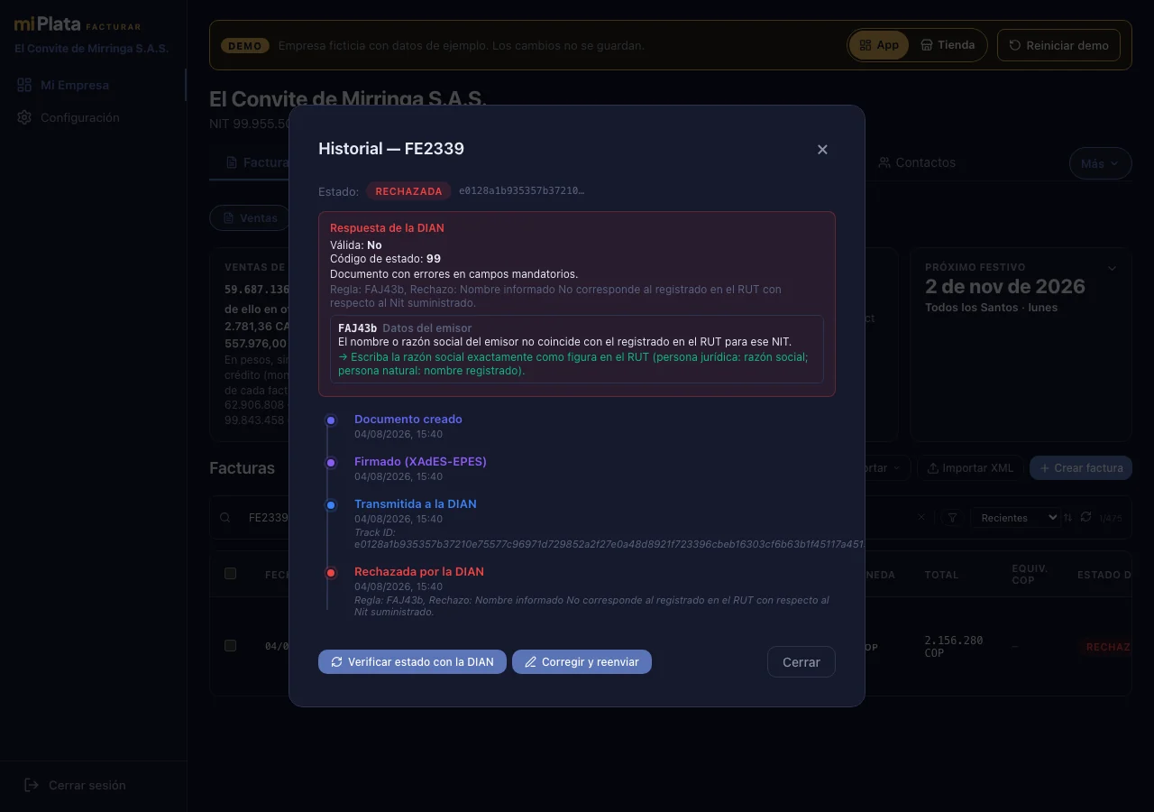 Historial de una factura rechazada en miPlata FACTURAR, con la regla de la DIAN explicada en español