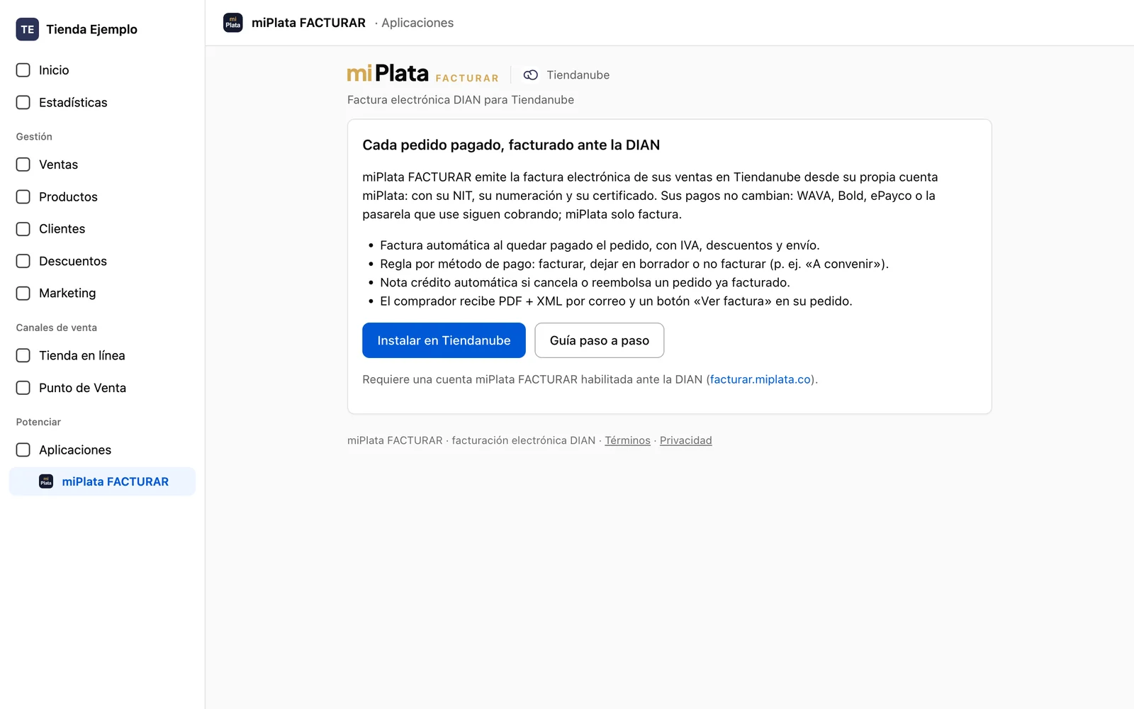 La app miPlata FACTURAR abierta dentro del administrador de Tiendanube