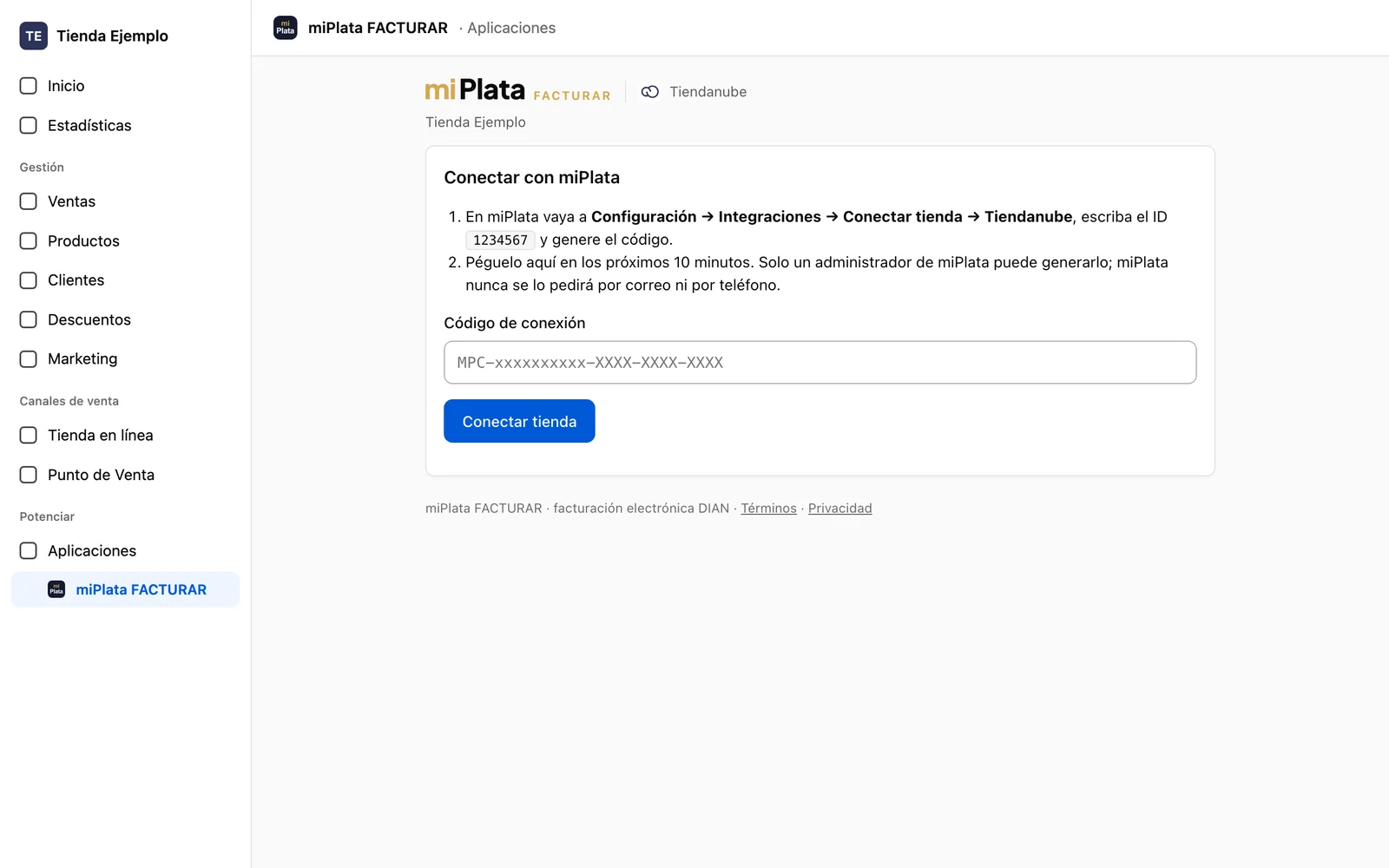 Pantalla Conectar con miPlata con el ID de la tienda