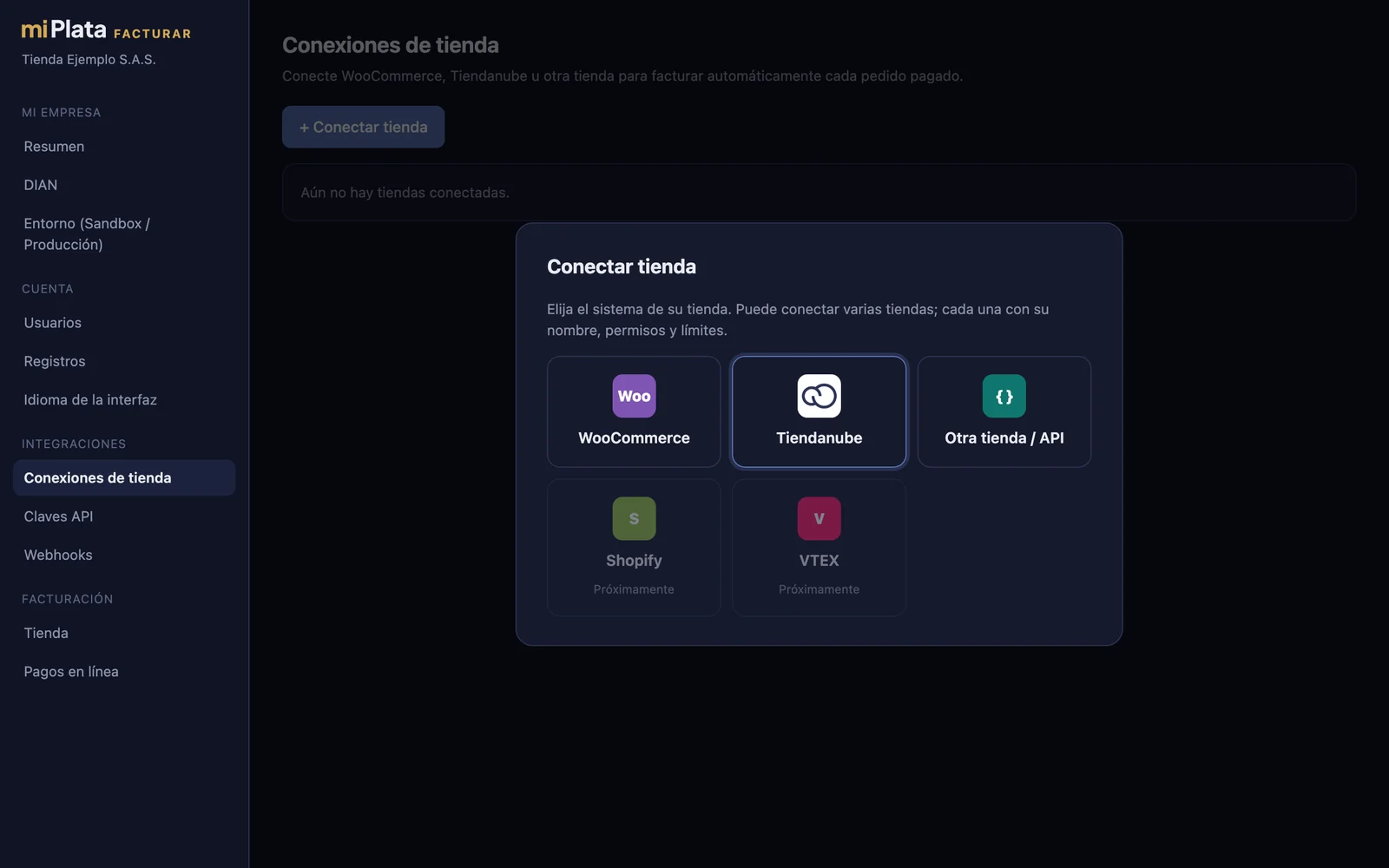 Selector de sistema de tienda con Tiendanube marcado