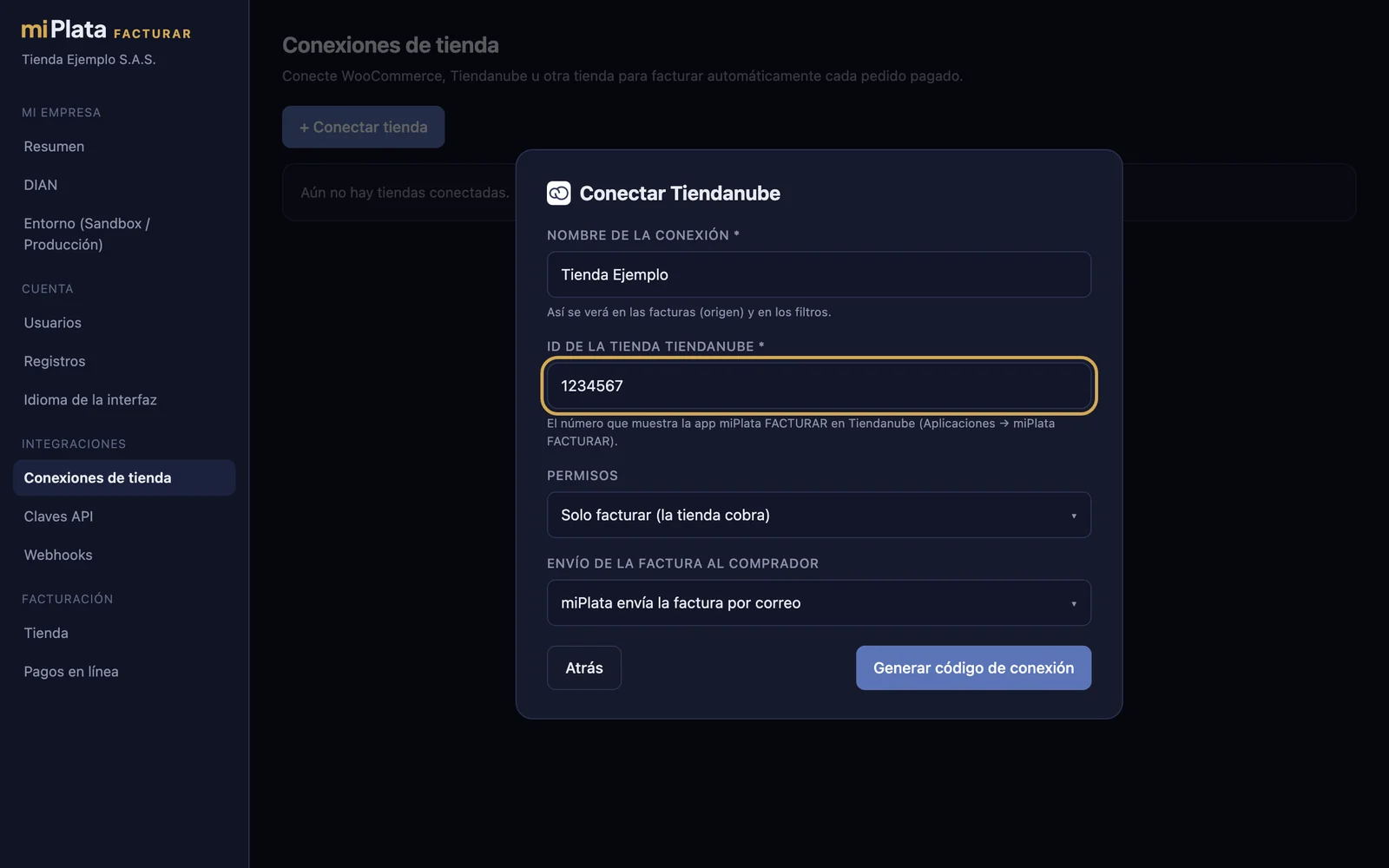 Formulario Conectar Tiendanube con nombre, ID de la tienda y permisos