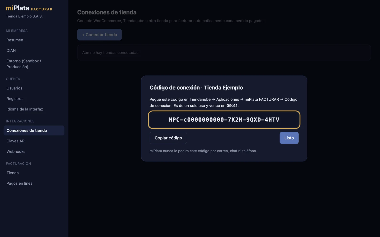Código de conexión de un solo uso en miPlata