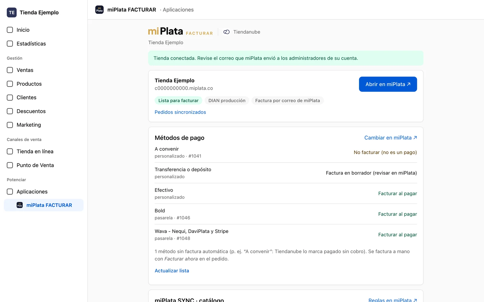 App conectada: lista para facturar, métodos de pago y catálogo