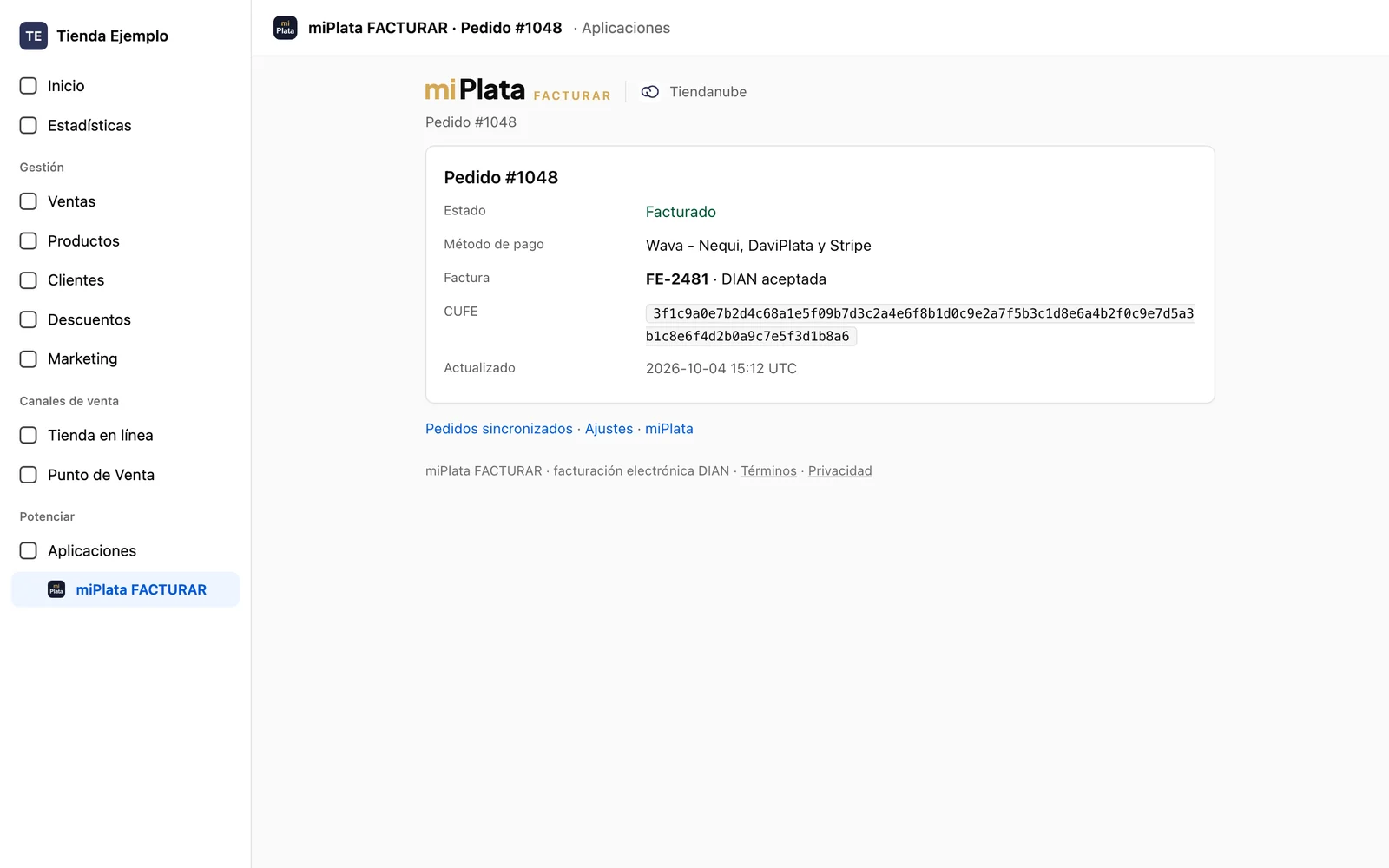 Detalle de un pedido facturado con número, CUFE y estado DIAN