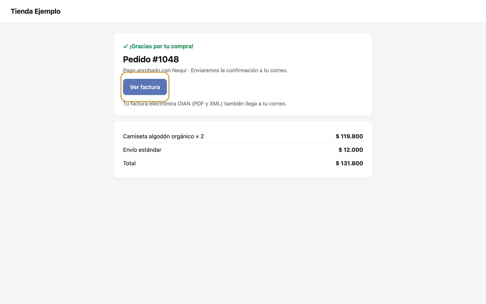 Página de confirmación del pedido con el botón Ver factura